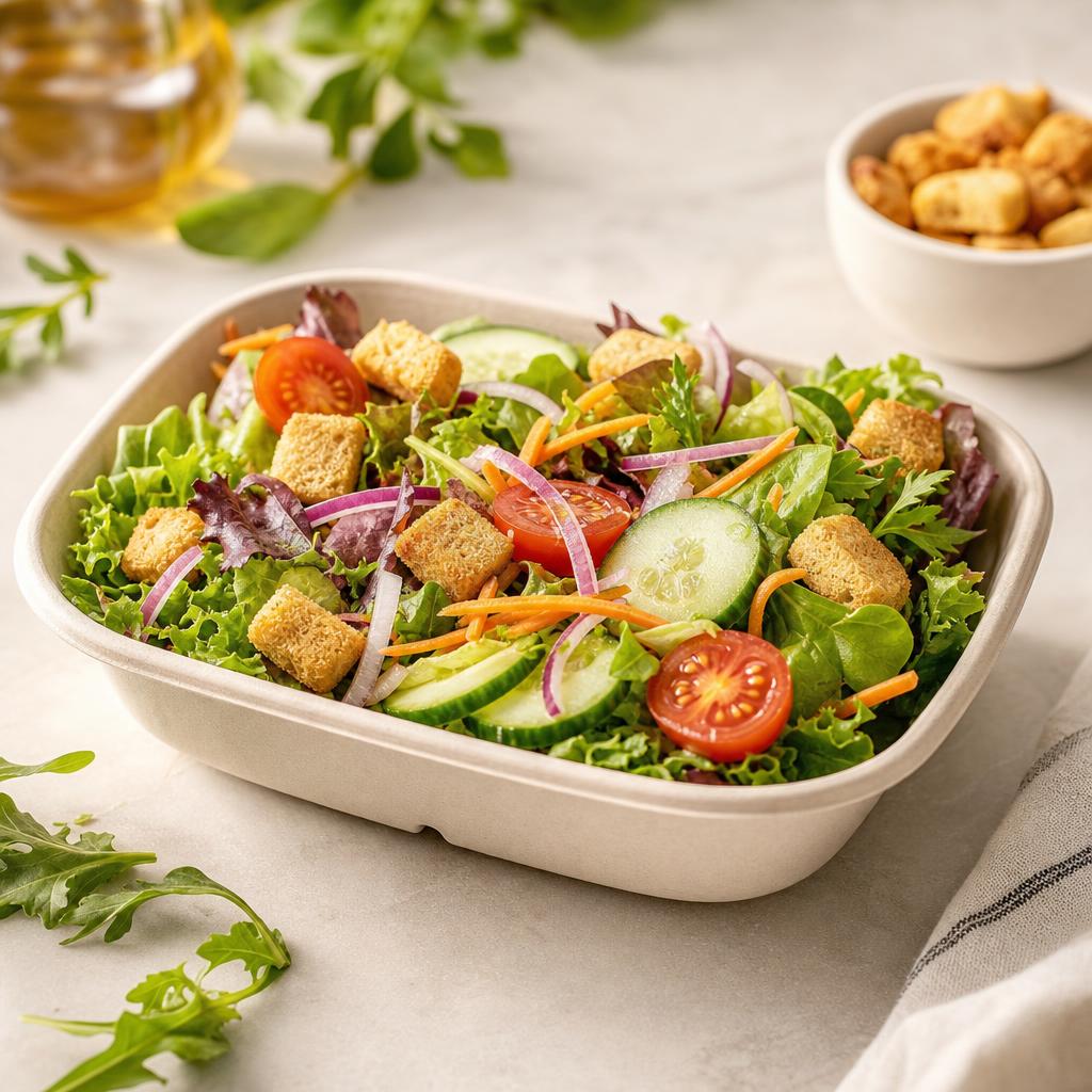 Garden salad with mixed greens, tomatoes, cucumbers, and croutons